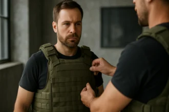 Muž v reaktívnom pancieri dostáva výstroj od kolegu.