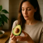 Žena s avokádom v kuchyni, objavujúca jeho zdravotné výhody.