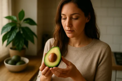 Žena s avokádom v kuchyni, objavujúca jeho zdravotné výhody.