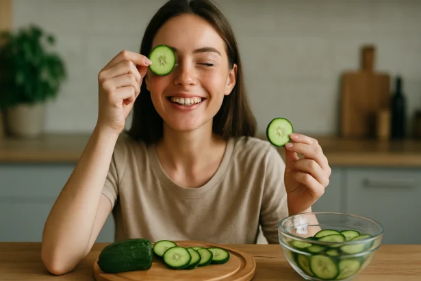 Žena sa smeje a drží uhorky, symbolizujúce zdravotné výhody.