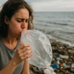 Žena s plastovým obalom pri mori, zobrazuje problém plastového odpadu.