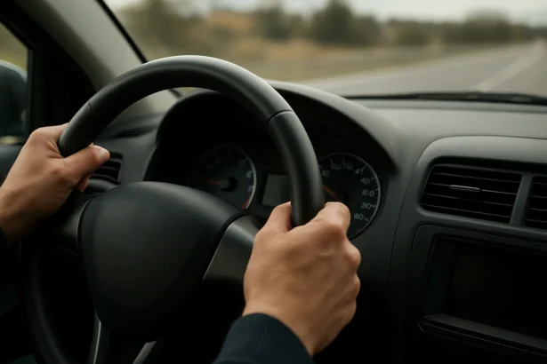 Ruka drží volant auta s tachometrom v zábere