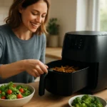 Žena používa horúcovzdušnú fritézu na prípravu zdravých jedál.