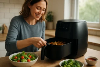 Žena používa horúcovzdušnú fritézu na prípravu zdravých jedál.