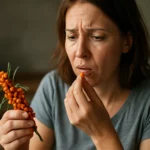 Žena, ktorá sa zamýšľa nad konzumáciou rakytníka.