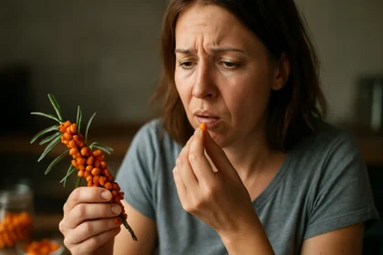 Žena, ktorá sa zamýšľa nad konzumáciou rakytníka.