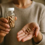 Žena drží fľašu so škoricovými tabletami a niektoré má v dlani.