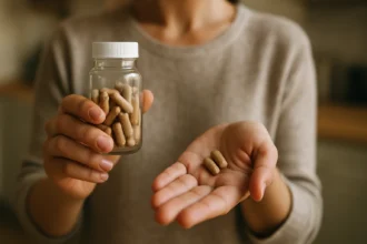 Žena drží fľašu so škoricovými tabletami a niektoré má v dlani.