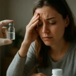 Žena s bolesťou hlavy pri pohľade na injekčnú fľaštičku.
