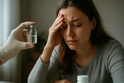 Žena s bolesťou hlavy pri pohľade na injekčnú fľaštičku.