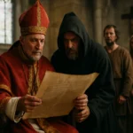 Muž v červenom rúchu a kapucni číta historický dokument v stredovekom kostole