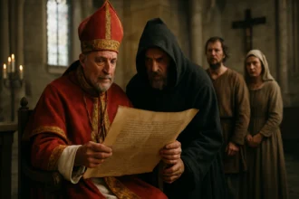 Muž v červenom rúchu a kapucni číta historický dokument v stredovekom kostole