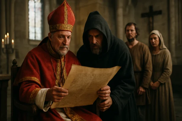 Muž v červenom rúchu a kapucni číta historický dokument v stredovekom kostole