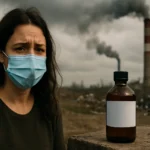 Žena s maskou pred znečistenou krajinou a fľašou etylacetátu