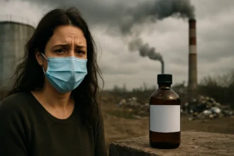 Žena s maskou pred znečistenou krajinou a fľašou etylacetátu