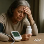 Žena s vysokým krvným tlakom, ktorá sa zaoberá vedľajšími účinkami liekov.