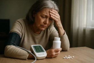Žena s vysokým krvným tlakom, ktorá sa zaoberá vedľajšími účinkami liekov.