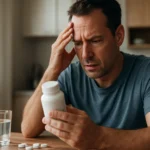 Muž si prezerá fľašu MSM doplnku s obavami.