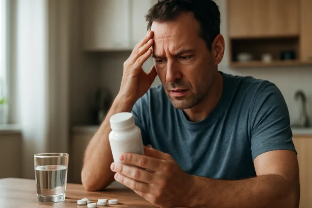 Muž si prezerá fľašu MSM doplnku s obavami.