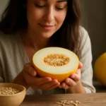 Žena drží žltý melón s jeho semenami, objavuje jeho zdravotné výhody.