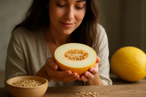 Žena drží žltý melón s jeho semenami, objavuje jeho zdravotné výhody.