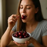 Žena vychutnáva si čerešne z misy v domácom prostredí