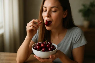 Žena vychutnáva si čerešne z misy v domácom prostredí