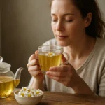 Žena si vychutnáva harmančekový čaj v pohári.