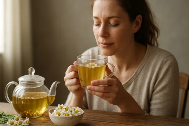 Žena si vychutnáva harmančekový čaj v pohári.