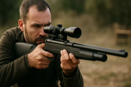 Strelec s CO2 vzduchovkou na terči v prírode