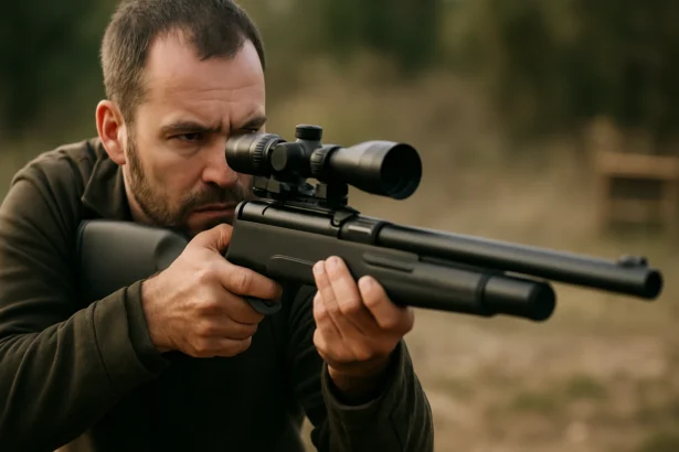 Strelec s CO2 vzduchovkou na terči v prírode