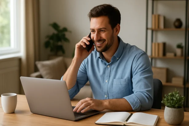 Muž pracuje z domu za počítačom s mobilným telefónom v ruke