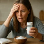 Znepokojená žena so sladidlom xylitol v kuchyni