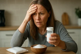 Znepokojená žena so sladidlom xylitol v kuchyni