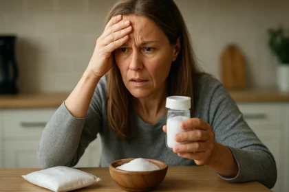 Znepokojená žena so sladidlom xylitol v kuchyni
