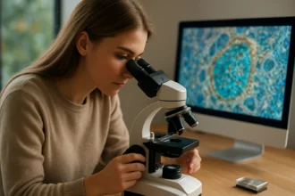 Žena skúma mikroskopom detaily neviditeľného sveta