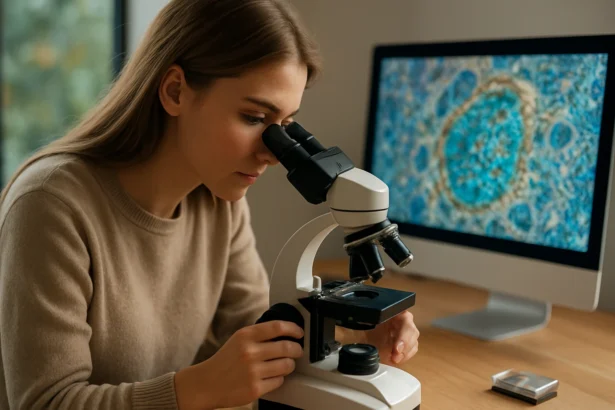 Žena skúma mikroskopom detaily neviditeľného sveta