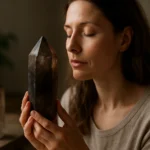 Žena s dymovým kremeňom, užívajúca si jeho energiu a účinky.