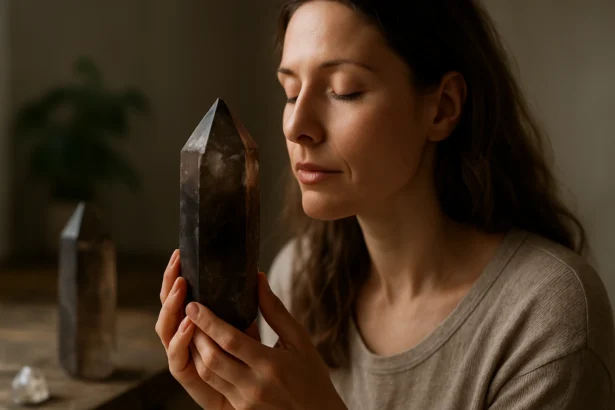 Žena s dymovým kremeňom, užívajúca si jeho energiu a účinky.