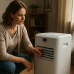 Žena nastavuje mobilnú klimatizáciu Orion v obývacej izbe.