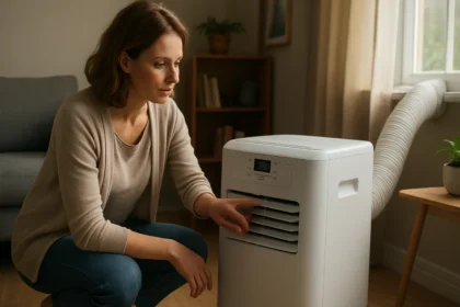 Žena nastavuje mobilnú klimatizáciu Orion v obývacej izbe.