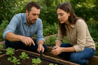 Dvoch záhradníkov, ktorí pracujú s kvapkovou hubou.