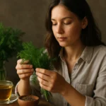 Žena s kôprom a bylinkovým čajom na drevenom stole.