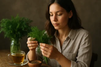 Žena s kôprom a bylinkovým čajom na drevenom stole.