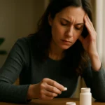 Žena s úzkosťou upiera pohľad na tabletku klonazepamu.