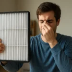 Muž trápiaci sa alergiami držiaci peľový filter