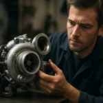 Mechanik skúma variabilnú geometriu turbodúchadla v dielni.