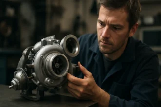 Mechanik skúma variabilnú geometriu turbodúchadla v dielni.