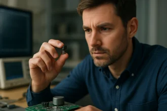 Inžinier skúma Hallov senzor pre snímacie technológie.