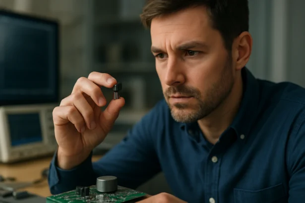 Inžinier skúma Hallov senzor pre snímacie technológie.